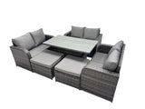 Fimous 8 seater Patio Height Adjustable Rising Lifting Table Sofa Sets Rattan Garden Furniture Dining Set with 2 Big Stools Dark Grey Mixed