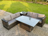 Fimous 6 Seater PE Rattan Corner Sofa Set Rising Adjustable Dining Table Set High Side Table With Seat And Back Cushion