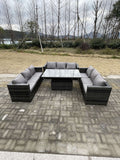 Fimous 9 Seater?Outdoor Garden Furniture Rattan Sofa Set Adjustable Rising Lifting Dining Table Dark Grey Mixed