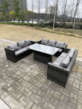 Fimous 9 Seater?Outdoor Garden Furniture Rattan Sofa Set Adjustable Rising Lifting Dining Table Dark Grey Mixed