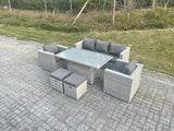 Fimous Rattan Garden Funiture Set Adjustable Rising Lifting Table Sofa Dining Set With 2 Arm Chair Stool