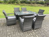 Fimous Rattan Garden Furniture Gas Fire Pit Rectangle Dining Table Gas Heater And Dining Chairs 6 Seater