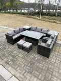 Fimous 9 Seater?Outdoor Rattan Garden Furniture Set Adjustable Rising Lifting Dining Table With Side Table Chairs Stools Dark Grey Mixed