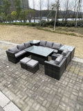 Fimous 9 Seater?Outdoor Rattan Garden Furniture Set Adjustable Rising Lifting Dining Table With Side Table Chairs Stools Dark Grey Mixed
