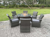 Fimous Rattan Garden Furniture Gas Fire Pit Round Dining Table Gas Heater And Dining Chairs 6 Seater