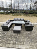 Fimous 9 Seater?Outdoor Rattan Garden Furniture Set Adjustable Rising Lifting Dining Table With Chairs Footstool Dark Grey Mixed