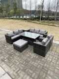 Fimous 9 Seater?Outdoor Rattan Garden Furniture Set Adjustable Rising Lifting Dining Table With Chairs Footstool Dark Grey Mixed