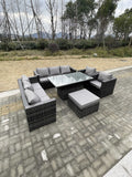 Fimous 9 Seater?Outdoor Rattan Garden Furniture Set Adjustable Rising Lifting Dining Table With Chairs Footstool Dark Grey Mixed
