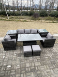 Fimous Rattan Garden Furniture Adjustable Rising Lifting Dining Table Sofa Set Chairs 2 Side Coffee Tables with 2 Stools