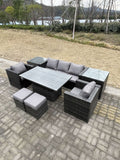 Fimous Rattan Garden Furniture Adjustable Rising Lifting Dining Table Sofa Set Chairs 2 Side Coffee Tables with 2 Stools