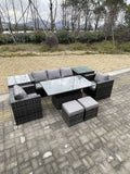 Fimous Rattan Garden Furniture Adjustable Rising Lifting Dining Table Sofa Set Chairs 2 Side Coffee Tables with 2 Stools