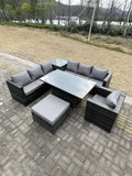 Fimous 8 Seater PE Rattan Corner Sofa Set Rising Adjustable Dining Table Set High Side Coffee Table With Arm Chair Big Footstool