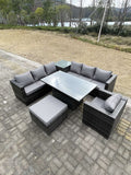 Fimous 8 Seater PE Rattan Corner Sofa Set Rising Adjustable Dining Table Set High Side Coffee Table With Arm Chair Big Footstool