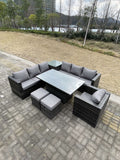 Fimous 9 Seater PE Rattan Corner Sofa Set Rising Adjustable Dining Table Set High Side Coffee Table With Arm Chair Stools