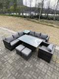 Fimous 9 Seater PE Rattan Corner Sofa Set Rising Adjustable Dining Table Set High Side Coffee Table With Arm Chair Stools