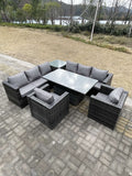 Fimous 8 Seater PE Rattan Corner Sofa Set Rising Adjustable Dining Table Set High Side Coffee Table With 2 Arm Chairs