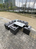 Fimous 8 Seater PE Rattan Corner Sofa Set Rising Adjustable Dining Table Set High Side Coffee Table With 2 Arm Chairs
