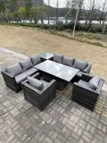 Fimous 8 Seater PE Rattan Corner Sofa Set Rising Adjustable Dining Table Set High Side Coffee Table With 2 Arm Chairs