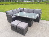 Fimous High Back Corner Rattan Garden Furniture Sofa Dining Rising Table Height Adjustable 8 Seater 2 Small Foot Stools