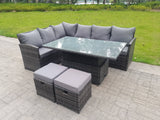 Fimous High Back Corner Rattan Garden Furniture Sofa Dining Rising Table Height Adjustable 8 Seater 2 Small Foot Stools