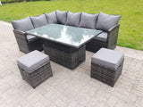 Fimous High Back Corner Rattan Garden Furniture Sofa Dining Rising Table Height Adjustable 8 Seater 2 Small Foot Stools
