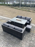 Fimous 8 Seater?Outdoor Rattan Sofa Set Garden Furniture Gas Firepit Set Heater Dining Table Footstools Dark Grey Mixed