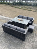 Fimous 8 Seater?Outdoor Rattan Sofa Set Garden Furniture Gas Firepit Set Heater Dining Table Footstools Dark Grey Mixed