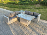 Fimous Rattan Garden Funiture Set Height Adjustable Rising Lifting Table Sofa Dining Set With Side Coffee Tea Table
