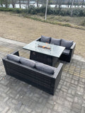Fimous 6 Seater?Outdoor Rattan Sofa Set Garden Furniture Gas Firepit Set Dining Table Heater Dark Grey Mixed