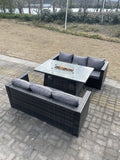 Fimous 6 Seater?Outdoor Rattan Sofa Set Garden Furniture Gas Firepit Set Dining Table Heater Dark Grey Mixed