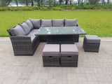 Fimous High Back Corner Rattan Garden Furniture Sofa Rising Dining Table Height Adjustable 9 Seater 3 Small Foot Stools