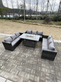 Fimous 9 Seater?U Shape Outdoor Lounge Rattan Sofa Set Garden Furniture Gas Firepit Set Dining Table Dark Grey Mixed