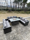 Fimous 9 Seater?U Shape Outdoor Lounge Rattan Sofa Set Garden Furniture Gas Firepit Set Dining Table Dark Grey Mixed