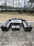 Fimous 11 Seater?Outdoor Lounge Rattan Sofa Set Garden Furniture Gas Firepit Set Dining Table With Stools Dark Grey Mixed