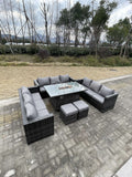 Fimous 11 Seater?Outdoor Lounge Rattan Sofa Set Garden Furniture Gas Firepit Set Dining Table With Stools Dark Grey Mixed