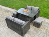 Fimous Outdoor Rattan Garden Furniture Sofa Set Dining Table Gas Fire Pit Table Two Seater Double Love Sofa Footstools 6 Seater