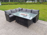 Fimous High Back Corner Rattan Garden Furniture Sofa Gas Fire Pit Dining Table Gas Heater Sets 6 Seater