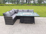 Fimous High Back Corner Rattan Garden Furniture Sofa Gas Fire Pit Dining Table Gas Heater Sets 6 Seater
