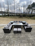 Fimous 10 Seater?Outdoor Lounge Rattan Sofa Set Garden Furniture Gas Firepit Set Heater Dining Table With Chair and 2 Coffee Table Dark Grey Mixed