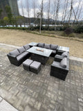 Fimous 10 Seater?Outdoor Lounge Rattan Sofa Set Garden Furniture Gas Firepit Set Heater Dining Table With Chair and 2 Coffee Table Dark Grey Mixed