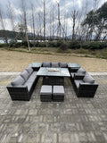 Fimous 10 Seater?Outdoor Lounge Rattan Sofa Set Garden Furniture Gas Firepit Set Heater Dining Table With Chair and 2 Coffee Table Dark Grey Mixed
