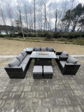 Fimous 10 Seater?Outdoor Lounge Rattan Sofa Set Garden Furniture Gas Firepit Set Dining Table With Chair Coffee Table Stools Dark Grey Mixed