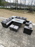 Fimous 10 Seater?Outdoor Lounge Rattan Sofa Set Garden Furniture Gas Firepit Set Dining Table With Chair Coffee Table Stools Dark Grey Mixed