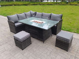 Fimous High Back Corner Rattan Garden Furniture Sofa Gas Fire Pit Gas Heater Dining Table Sets 8 Seater 2 Small Footstools