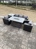 Fimous Outdoor PE Rattan Garden Furniture Gas Fire Pit Dining Table Armchairs With Side Coffee Table Dark Grey Mixed
