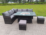 Fimous High Back Corner Rattan Garden Furniture Sofa Gas Fire Pit Gas Heater Dining Table Sets 8 Seater 2 Small Footstools