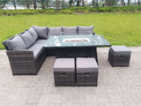 Fimous High Back Corner Rattan Garden Furniture Sofa Gas Fire Pit Dining Table Sets Gas Heater 9 Seater 3 Small Footstools
