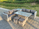 Fimous Rattan Garden Funiture Set Height Adjustable Rising Lifting Table Sofa Dining Set With Side Coffee Tea Table Stool