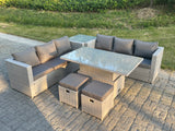 Fimous Rattan Garden Funiture Set Height Adjustable Rising Lifting Table Sofa Dining Set With Side Coffee Tea Table Stool