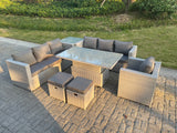 Fimous Rattan Garden Funiture Set Height Adjustable Rising Lifting Table Sofa Dining Set Side Coffee Tea Table Chair Stool